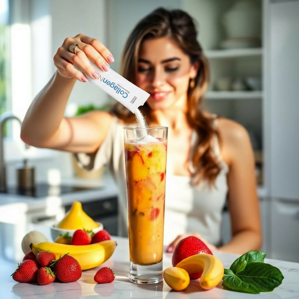 Kobieta wsypująca collagen do owocowego shake'a